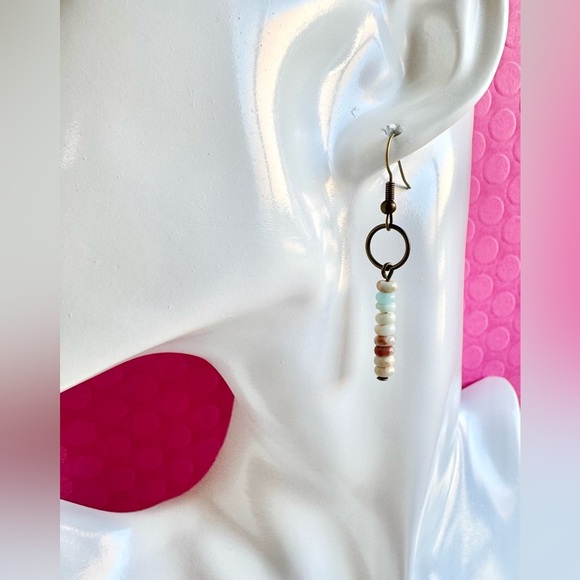 New Natural Blue Agate & Crazy Lace Agate Stacked Stone Beads Earrings - 2” - Picture 2 of 4